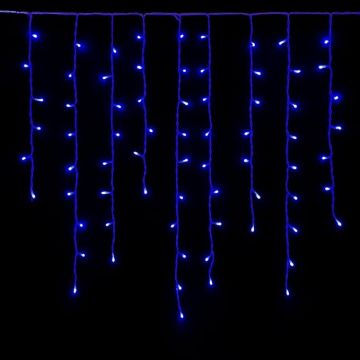 ETTROIT 200 LED Light Curtain, 5m, Blue Light, White Cable, IP65, Extendable, Flash Effect, With hanging wires at alternating lengths (30-70-40-60 cm) for a cascade effect