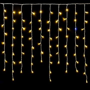 ETTROIT 120 LED Curtain Lights, 3M, Yellow Light, White Cable, IP65, Extendable, Flash Effect, With hanging wires at alternating lengths (30-70-40-60 cm) for a cascade effect
