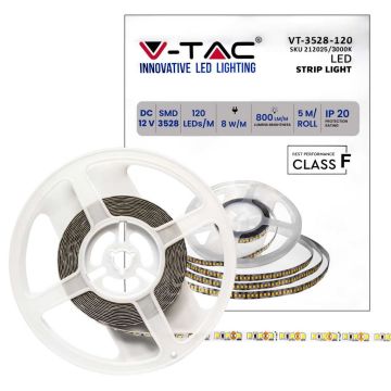 V-TAC VT-3528 LED strip 600LED 3528 strip 5Mt 8W/mt warm white light 3000k 8mm 120led/mt IP20 sku 212025