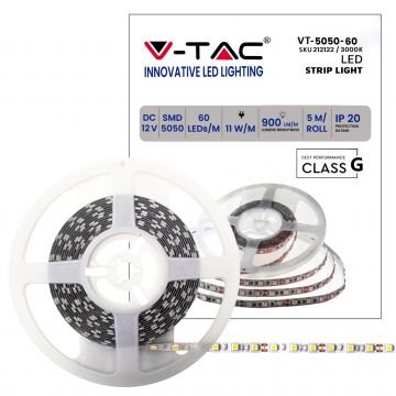 V-TAC Strip LED SMD5050 strip 11W/m 5m 60 LED/m 12V warm light 3000K IP20 10 mm – SKU 212122