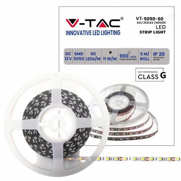 V-TAC Strip LED SMD5050 11W/m 5m 60 LED/m strip 12V 4000K IP20 10 mm – SKU 212143