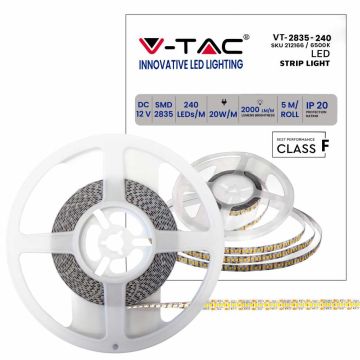 V-TAC VT-2835 LED strip 240led/mt 20W/mt SMD2835 5Mt 2000lm/mt 12V High brightness sku 212166 6400k