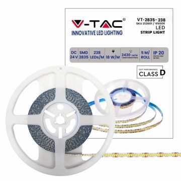 V-TAC VT-2835 Strip 1190LED 24V 18w / m SMD2835 5Mt cool white 6400K IP20 no wp - SKU 212601