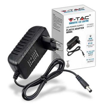 V-TAC VT-23032 Stabilized switching power supply 30W 12V 2.5A jack 2.1mm Plug&amp;play in plastic - SKU 2671