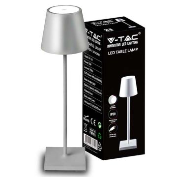 V-TAC VT-7703 LED Table Lamp 3W Natural White 4000K with 4000mA Battery ON/OFF Button Dimmable Touch Color Silver IP20 - SKU 2882