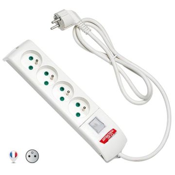FIDO Multisocket 4 sockets french std. 2P+E 16A with luminous switch white body antibacterial by Biocote against 99% of viruses Fanton 4201002FRAB
