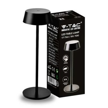 V-TAC VT-7562 LED Table Lamp Black 2W Aluminum USB Rechargeable with Touch Dimmable IP54 3000K sku 7690