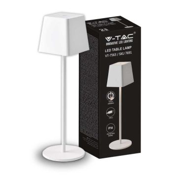 V-TAC VT-7563 LED Table Lamp 2W Warm White 3000K with 4400mA Battery ON/OFF Button Dimmable Touch Color White IP54 - SKU 7691