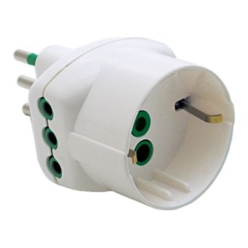 Three-way adaptor plug italian std. 2P+E 10A 2 sockets italian std. 2P+E 10A 1 socket italian/german std. 2P+E 16A white body Fanton 82210