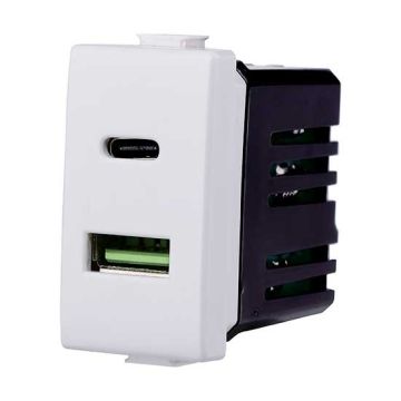 Dual USB Charger Socket 2IN1 Type-A + Type-C compatible with Bticino Matix 5Vdc 3.1A white color MT3002
