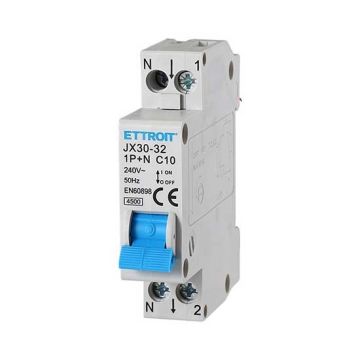 Ettroit Magnetic thermal switch 1P+N 10A 4.5Ka 220V 1 DIN Module JX151040