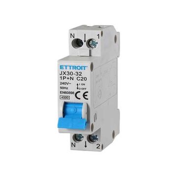 Magnetic thermal switch 1P+N 20A 220V 45Ka 1 DIN module Ettroit JX152040
