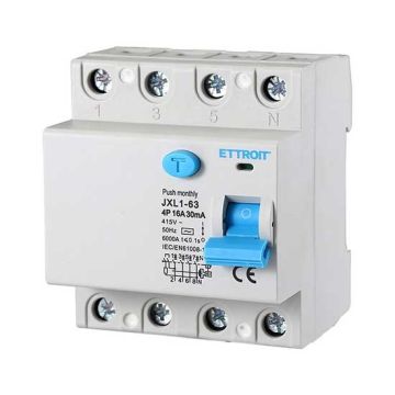 ETTROIT Pure Residual Current Circuit Breaker 4P 16A 6kA 30mA 380V Lifesaver 4 DIN Modules Ettroit JX341661