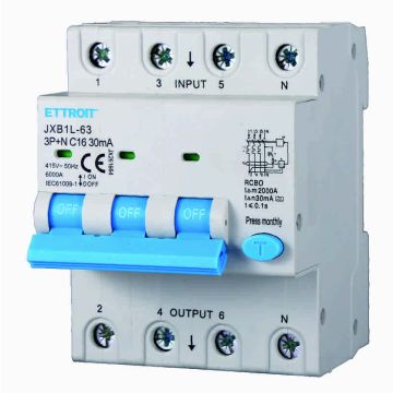 Differential Circuit Breaker 3P+N 16A 30mA 380V-6KA CLASS A - ETTROIT JX261664