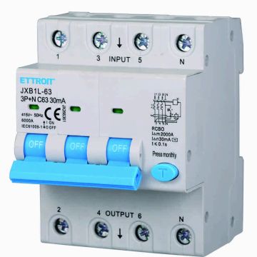 ETTROIT JX266361 Differential Circuit Breaker 3P+N 63A 30mA 380V-6KA - 4 Din Modules