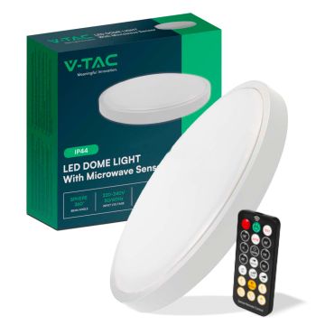 V-TAC 18W Round LED Ceiling Light with Remote Control and Microwave Motion Sensor, White 3000K, IP44 – SKU 76591