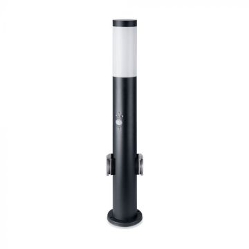 V-TAC LED Garden Bollard 60cm E27 Lamp Holder + 2 Schuko Sockets and Motion Sensor Black IP44