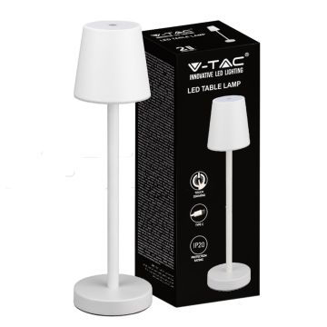 V-TAC 3W Rechargeable LED Table Lamp Battery Powered White USB C Touch Dimmable 3000K Indoor Restaurant Table Light IP20 - 10191