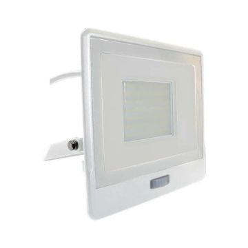 V-TAC VT-158S-1 50W samsung chip led spotlight with PIR motion sensor and twilight sensor 6500K slim white aluminum IP65 - SKU 20303