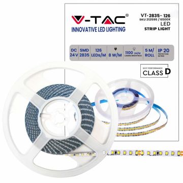 V-TAC VT-2835 Strip 630LED 24V 8W/mt SMD2835 137lm/w 5Mt 6500K cold white IP20 - SKU 212595