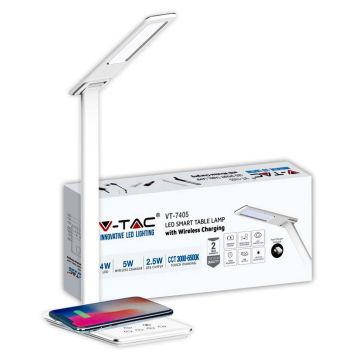 V-TAC VT-7405 4W LED touch color change 3in1 dimmable table lamp with wireless charging base white body - SKU 218601