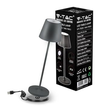 V-TAC VT-7522 LED Table Lamp 2W Warm White 3000K with 4400mA Battery Wireless Charging ON/OFF Button Dimmable Touch Color Grey IP54 - SKU 7653
