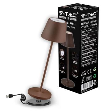 V-TAC VT-7522 LED Table Lamp 2W Warm White 3000K with 4400mA Battery Wireless Charging ON/OFF Button Dimmable Touch Corten Color IP54 - SKU 7654